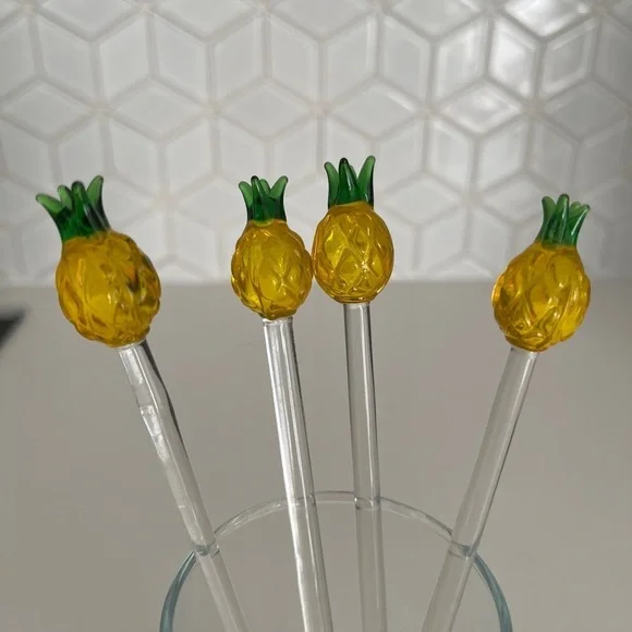 CRATE & BARREL Set of 4 Glass Pineapple Swizzle Sticks Cocktails Barware Tiki - Picture 8 of 12